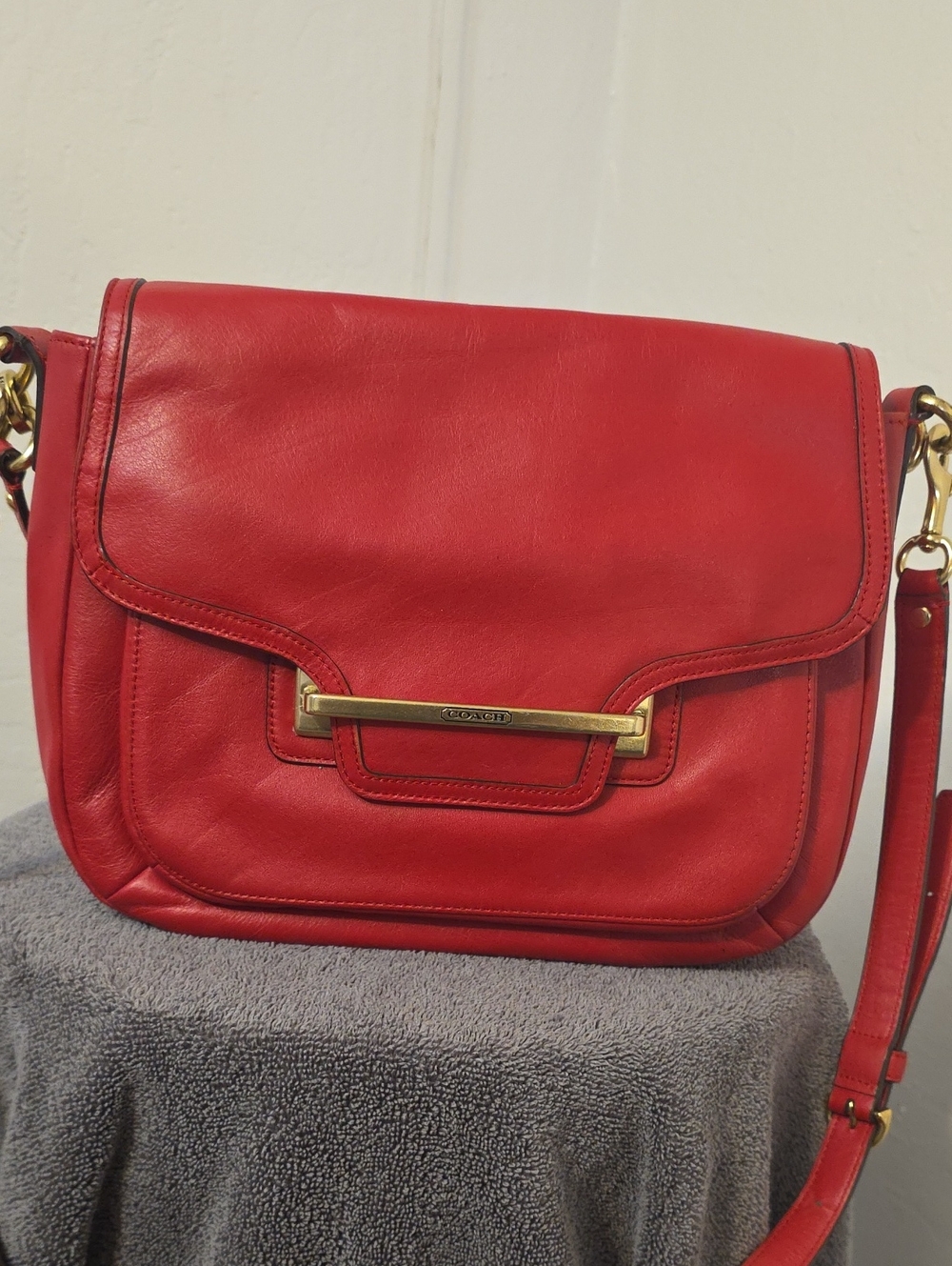 Coach Red Leather Crossbody with Gold Bar Hardware